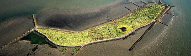 Aerial image of the Hallig Habel inmidst mudflats and water. © Martin Stock. Aerial image of the Hallig Habel inmidst mudflats and water. © Martin Stock.