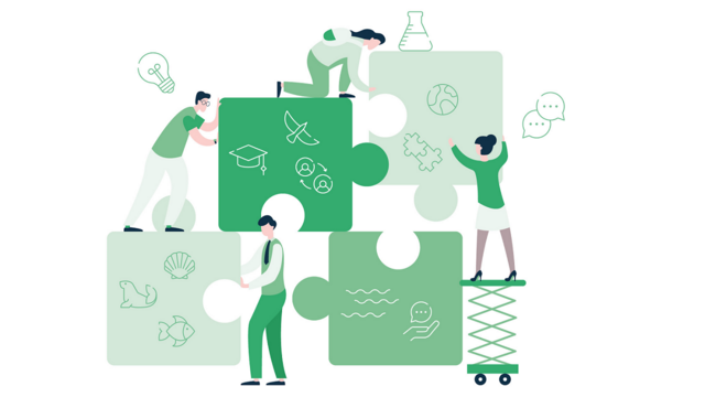 Graphic of people collaborating to merge human-sized puzzle pieces. © Kirk og Holm.