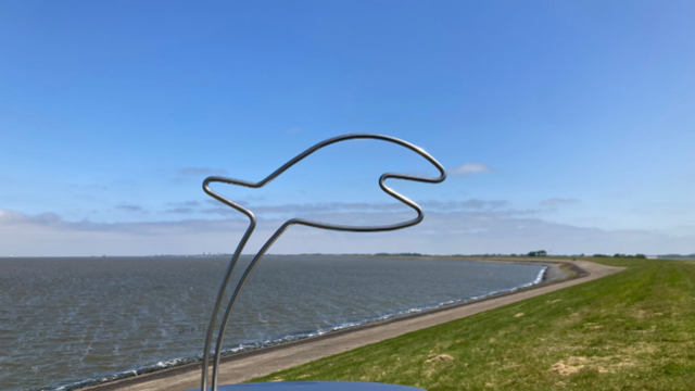 Fish sculpture on dyke against blue sky. © Waddenacademie.