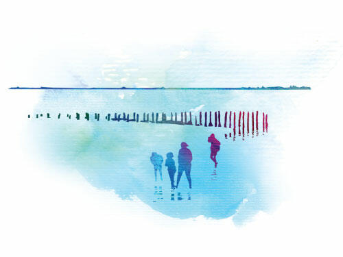 Watercolour-style graphic of group of people in mudlat landscape. © CWSS/ Creative Concern