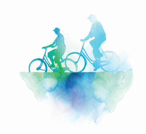 Watercolour-style graphic of two cyclists. © CWSS/ Creative Concern